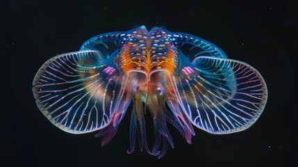 Vibrant Bioluminescent Creature in the Deep Sea. A bright and colorful jellyfish-like organism glowing in the dark. Underwater photography showcasing marine life.