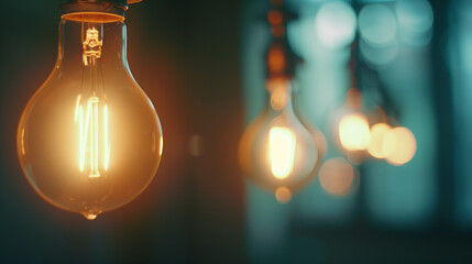 A row of light bulbs hangs from the ceiling with emitting a bright light, concept explores the theme of education and the power of knowledge to enlighten the world.