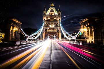 Obraz premium Tower bridge at night with light trails left by a passing double-decker bus, London, England, United Kingdom