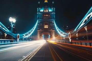 Obraz premium Tower bridge at night with light trails left by a passing double-decker bus, London, England, United Kingdom