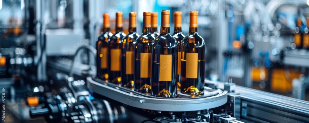 Poster modern high-tech labeling machine applying labels on bottles in an automated factory setting