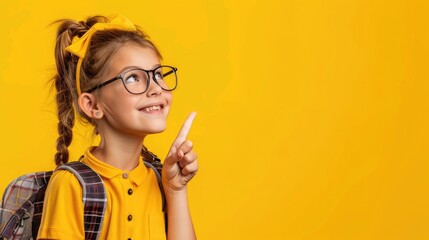 Happy female student points thumb at blank space to send message Panama yellow background
