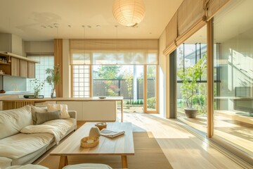 A bright and airy living room with large windows and a comfortable sofa