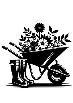 black wheelbarrow flowers gardening boots clip art preview