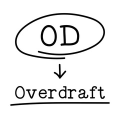 Letter of abbreviation OD in circle and word overdraft on white background