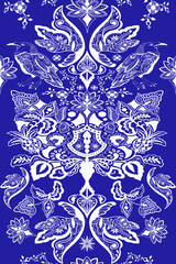 Paisley style print, varied colors, white and blue background. Floral elements