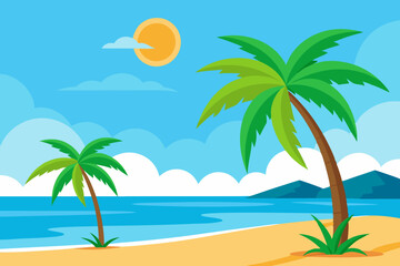 Sunset with Palm Tree on Sea Beach Vector Graphics | Vector Logo Icon & Clipart | Graphic Elements & Decoration Vector Resource