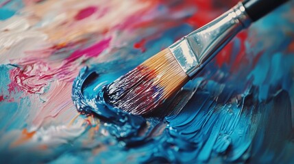 Fototapeta premium Close up water color paintbrush in artist studio slow motion
