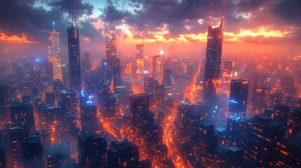 Obraz premium A city skyline at night with glowing buildings and bustling streets, highly realistic
