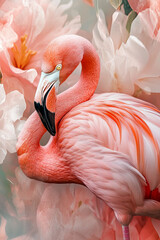 Naklejka premium Flamingo with pink flowers background