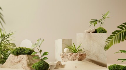 Minimal abstract background with moss and rocks podiums in soft pastel colors for product presentation. Fashion photography with a natural, minimalistic concept. 
