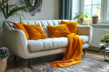 Couch with yellow pillows and yellow blanket, scandinavian style, ecostyle.