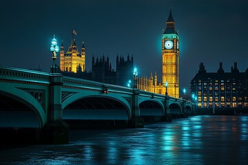 Fototapeta premium London at twilight. London eye, County Hall, Westminster Bridge, Big Ben and Houses of Parliament.