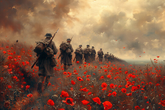 ANZAC, Remembrance Day Celebration.Soldiers in a field of red poppies