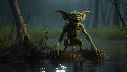 A terrible goblin howls in the swamps in the light of the full moon.