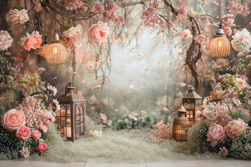 Maternity backdrop, wedding backdrop, photography background with delicate flowers and vintage wall.