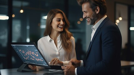 Business Partners Discussing Data and Laughing