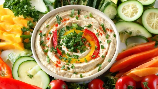close-up of a fresh vegetable platter with hummus dip in the center