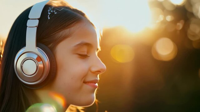 Girl in headphones enjoying music against the backdrop of the sunset. Concept: pleasure from music and calmness,