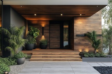 3d rendering of modern cozy house with garden and beautiful landscaping, entrance