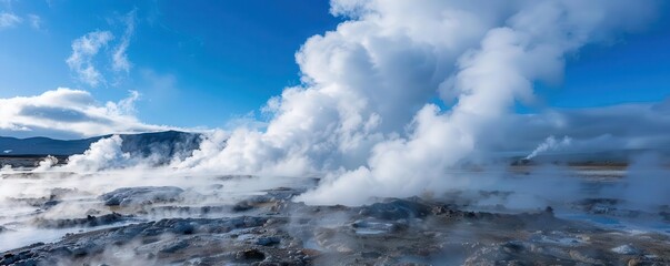 Fototapeta premium Geothermal field with multiple steam vents under a blue sky, front view, capturing the essence of natural energy, digital tone, Tetradic color scheme, copy space for text