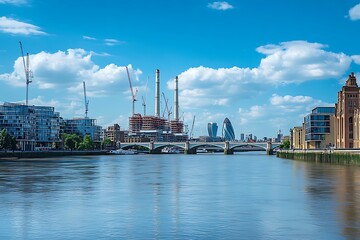 Fototapeta premium Sunrise over River Thames London UK with beautiful reflections of Battersea power station and riverside buildings