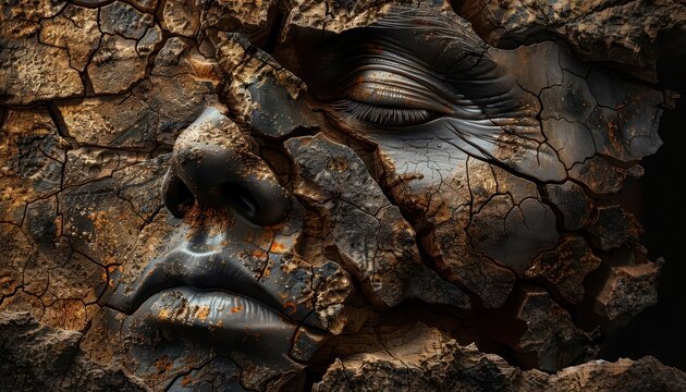 Ancient art carved into stone, depicting early human expression, Historical, Earthy tones, Digital painting