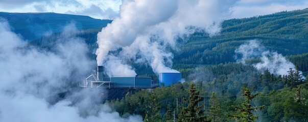 Fototapeta premium Steam billows from a geothermal plant in the middle of a forest