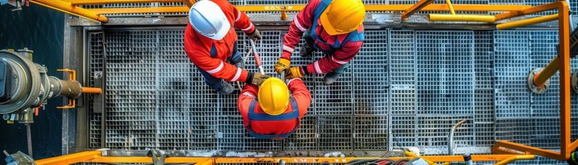 Workers maintaining geothermal drilling equipment, top view, highlighting the technical aspect of energy production, digital tone, vivid, copy space for text