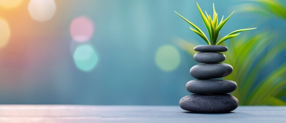 Obraz premium Stacked smooth stones with green plant on top against blue bokeh background, symbolizing balance, tranquility, and nature