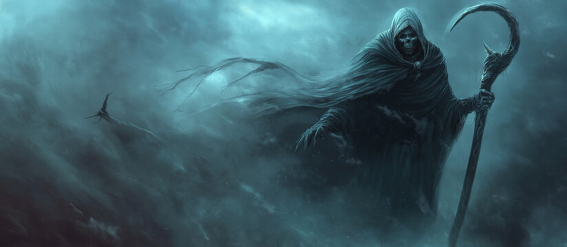 grim reaper with smoke background, horror grim reaper 