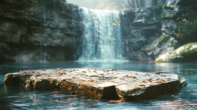 Large flat rock in a river with a majestic waterfall background and beautiful butterflies, seamless looping animation