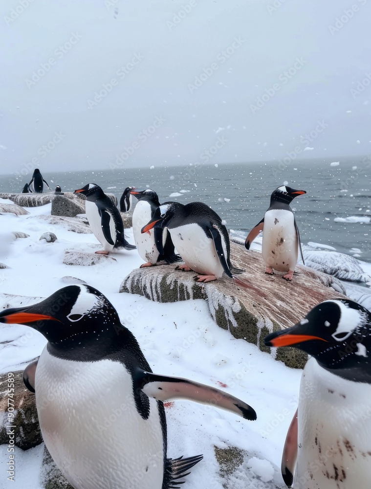 Poster a group of penguins are standing on a rock in the snow