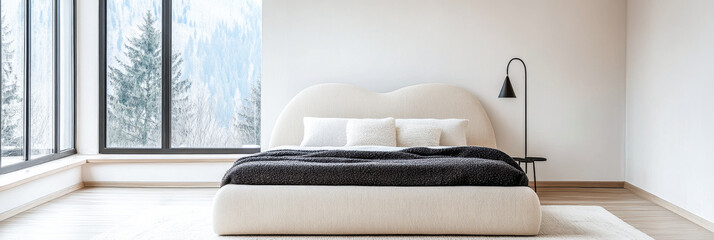 Bedroom interiors with an elegant bed next to a window and minimalist furniture. Residential spaces for relaxing composition with copyspace.