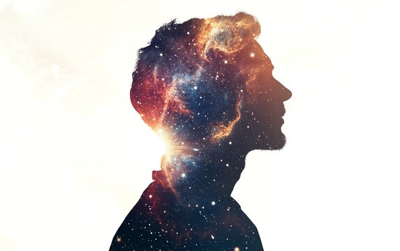 Silhouette of a man with a galaxy inside his head, representing creativity, imagination and thinking.