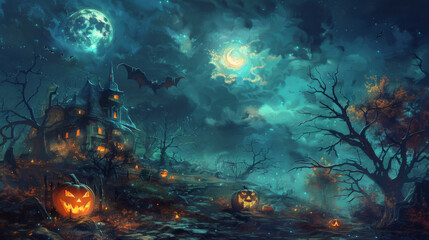 Obraz premium Happy Halloween banner. Scary Halloween Pumpkin near an old castle in a creepy forest against the backdrop of a full moon.