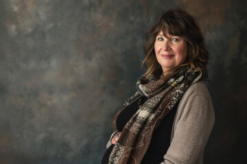 Smiling senior pregnant woman wearing a cozy scarf, standing against a textured background, exuding warmth and confidence.