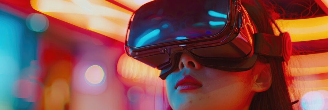 Teenage girl creates sponsored content unboxing newly released VR goggles product to entice fans Young entertainer captivated by product showcasing virtual reality headset to audience close