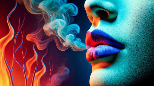A surreal close-up of colorful lips exhaling vibrant, swirling smoke against a contrasting background of cool blues and fiery reds, creating a vivid and dramatic visual effect.
