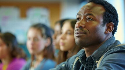 Obraz premium A man with a sad expression is sitting in a classroom with other people