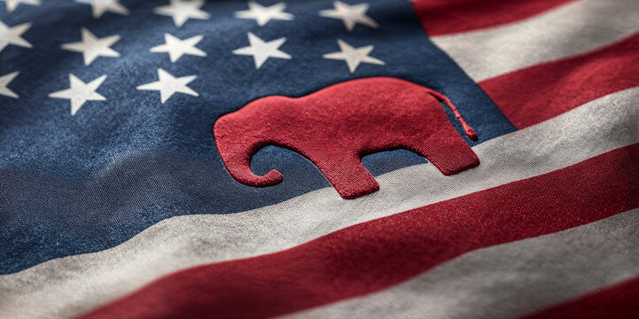 red republican elephant party symbol on flag of usa and elections vote presidential choice day banner