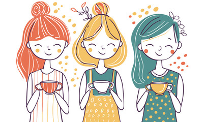 Three young women enjoying peaceful coffee time together, smiling contentedly, colorful doodles around them. Characters exhibit leisure clothing modern hairstyles, exuding happiness camaraderie
