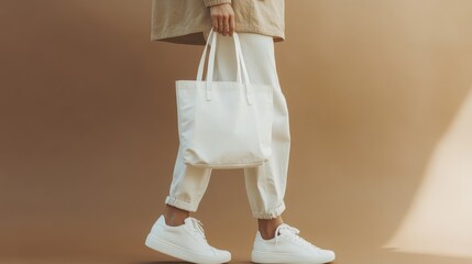 A woman is walking with a white bag on her shoulder