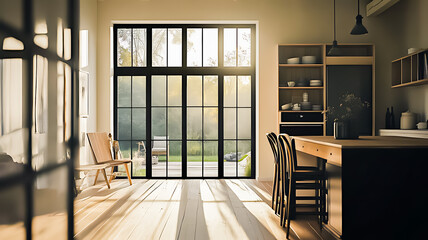 Fototapeta premium A minimalist Scandinavian-style kitchen with large windows.