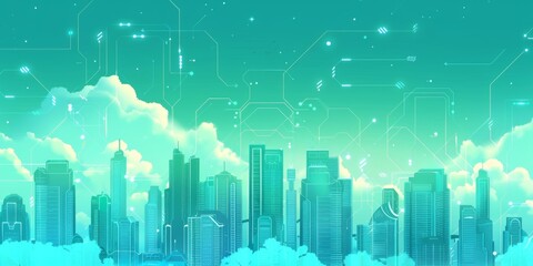 Obraz premium Futuristic Smart Cyber City illustration: Innovative Urban Landscape, futuristic technology and cyber punk concept, Graphic Resources, Wallpapers, Brochure, Websites, banner, Advertising, background