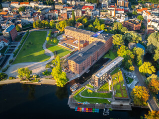 View from a drone of the Mill Island (Polish: Wyspa Młyńska) and the Brda River in the center of the old town of Bydgoszcz.