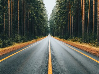 Fototapeta premium A serene, winding road surrounded by lush green trees under a cloudy sky, perfect for travel and adventure themes.