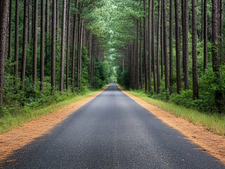 Fototapeta premium A serene road surrounded by tall trees, showcasing the beauty of nature and inviting adventure through the forest.