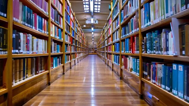 library filled with rows of colorful books on wooden shelves.