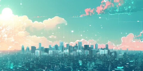 Futuristic Smart Cyber City illustration: Innovative Urban Landscape, futuristic technology and cyber punk concept, Graphic Resources, Wallpapers, Brochure, Websites, banner, Advertising, background